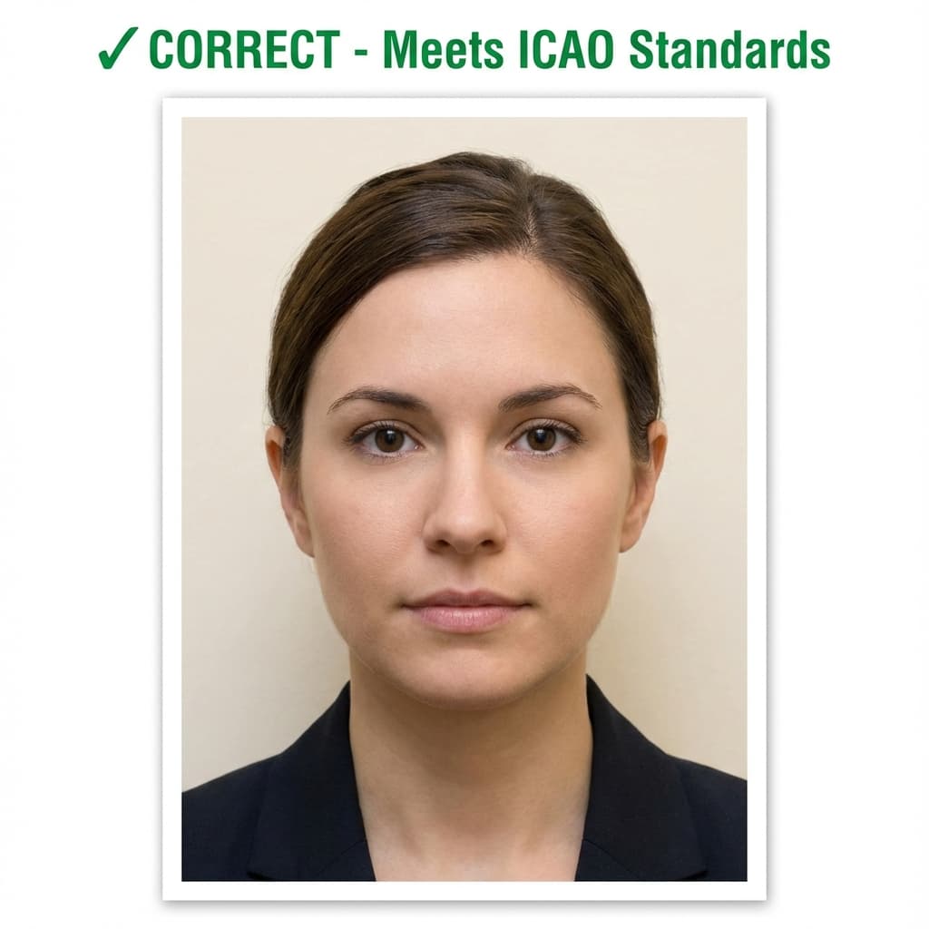 Correct ISO 35x45mm passport photo showing proper head size, neutral expression, and plain background