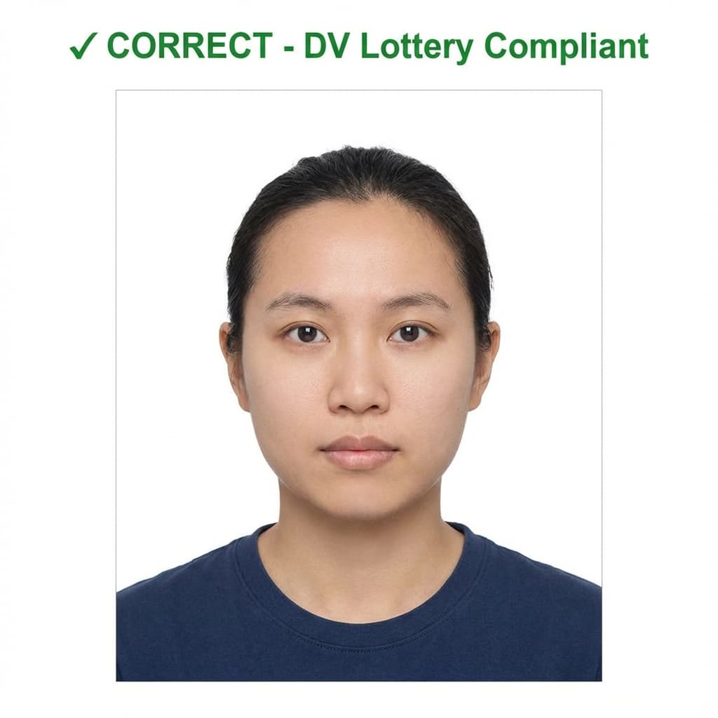 Correct DV Lottery photo: 600x600px, plain white background, neutral expression, recent