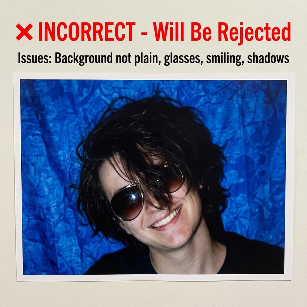 Incorrect passport photo showing common mistakes: colorful background, glasses, smiling, and shadows