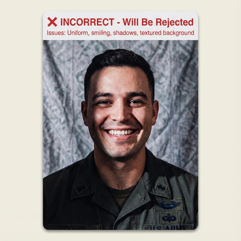 Incorrect US Passport photo: Uniform, shadows, or textured background