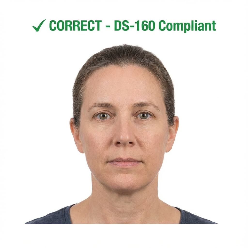 Correct US Visa photo: 600x600px, plain white background, neutral expression, no glasses