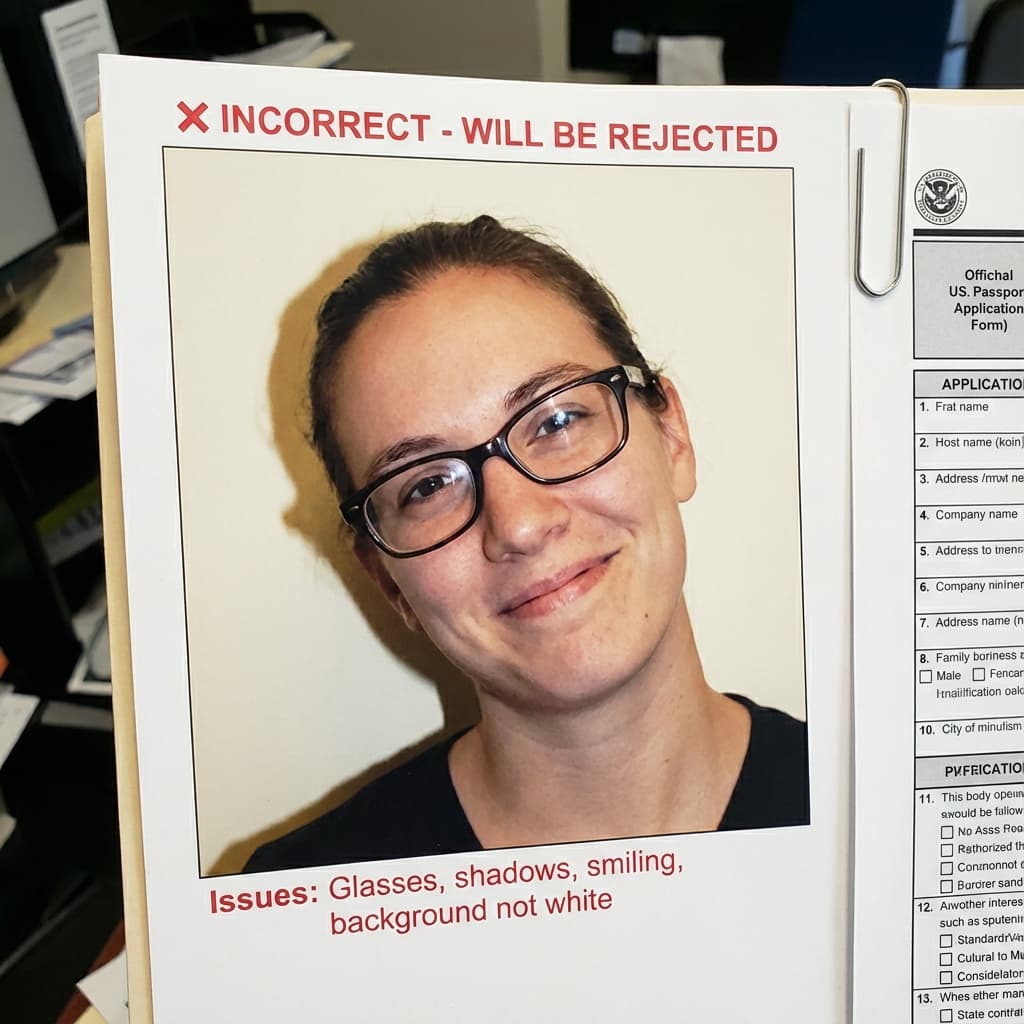 Incorrect US Visa photo: Wearing glasses, shadow on background, smiling, off-white background